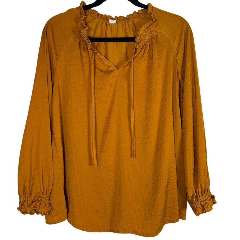 Old Navy Mustard Yellow Gold Ruffle Boho V Neck Tie Long Sleeve Blouse Top Sz M